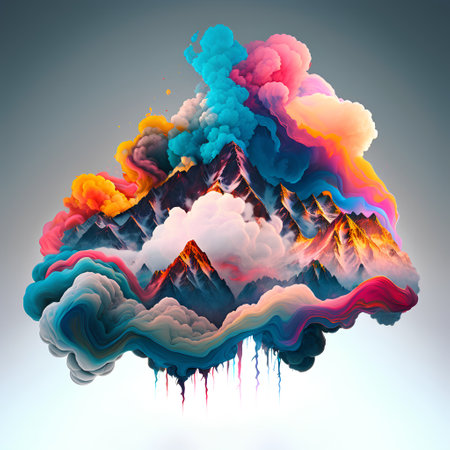 Colorful abstract background with mountains and clouds. 3D illustration.の素材