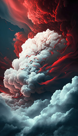 Abstract background with red and white clouds. Fantasy fractal texture. 3D rendering.