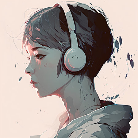 Illustration of a beautiful girl with headphones listening to music on a white backgroundの素材
