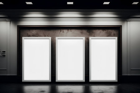 Three blank white posters in gallery interior. Mock up, 3D Renderingの素材