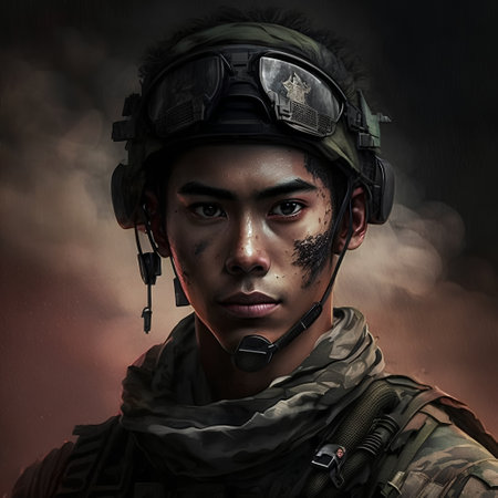 Portrait of a special forces soldier against a dark background with smokeの素材