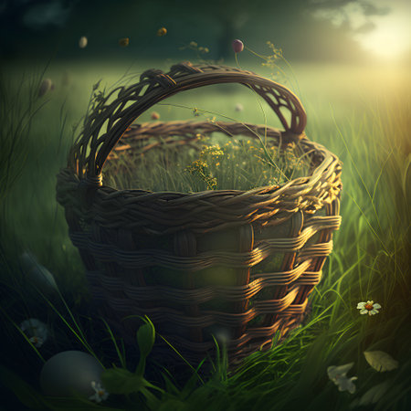 Wicker basket on the green grass with flowers. Easter background.の素材