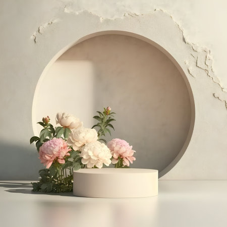3d render of white podium with peony flowers on concrete backgroundの素材