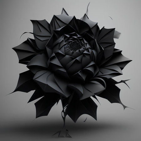Black origami flower on a gray background. 3d rendering.の素材
