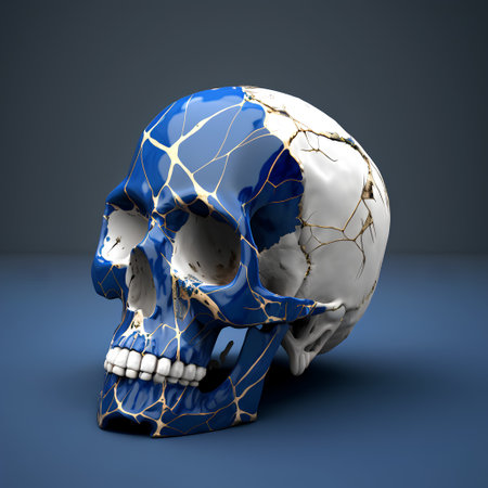 Skull with broken glass on blue background. 3D illustration.の素材