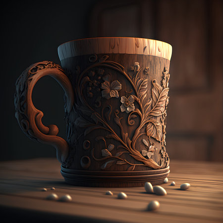 Wooden mug with floral pattern on a wooden table. 3d renderingの素材