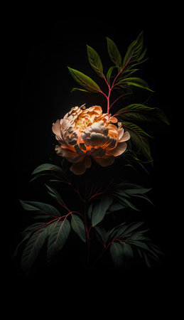 Beautiful peony flower with green leaves isolated on black background.の素材