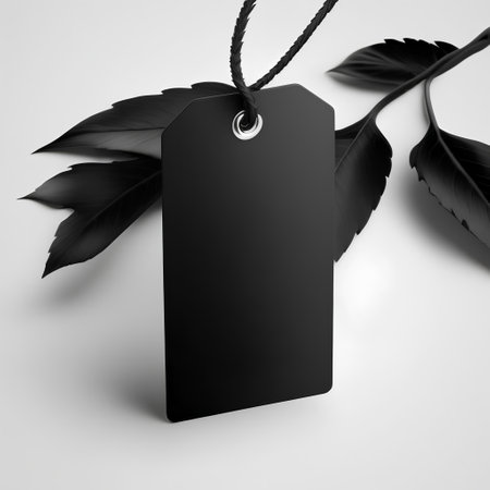 Black price tag with black leaves on white background. 3d renderingの素材