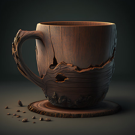 Wooden cup of coffee on dark background. 3D illustration.の素材