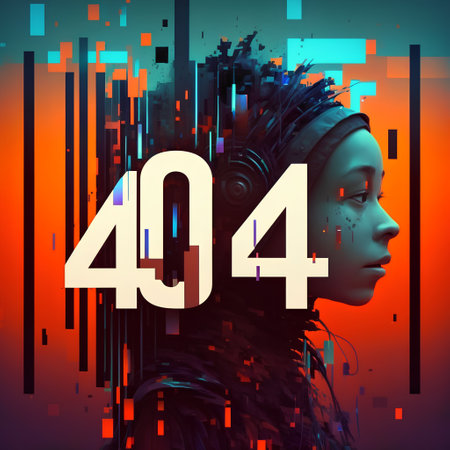 404 error concept with cyborg head on colorful background. 3D renderingの素材