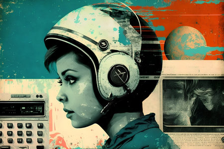 Futuristic woman aviator portrait with space station background, collage.の素材