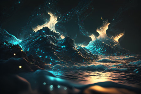 3d rendering of abstract background with waves and stars in space.の素材