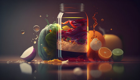 Healthy food concept. Vegetables and fruits in a glass jar.の素材