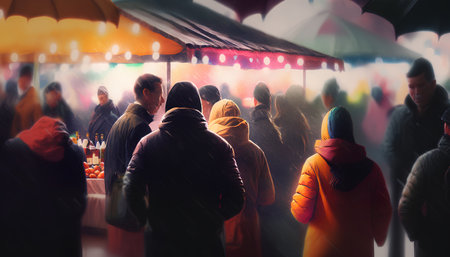 Crowd of people at a street food festival in the rain.の素材