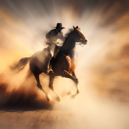 Cowboy riding a horse in the rays of the setting sun.の素材
