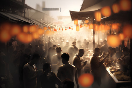 Crowd of people at night street food market in Istanbul, Turkeyの素材