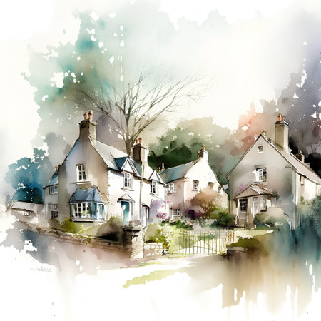 Watercolor painting of houses in the village. Hand drawn illustration.の素材