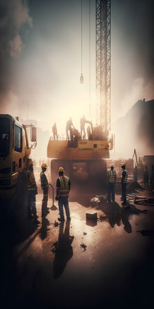 Construction workers are working on a construction site. Toned image.の素材