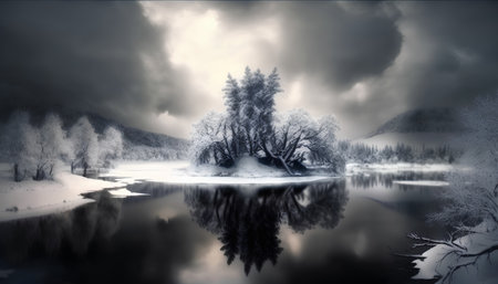 Winter landscape with snow covered trees and lake under a cloudy sky.の素材