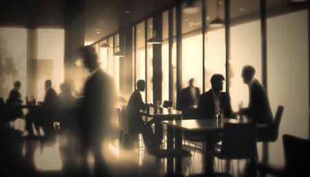 Silhouettes of business people in the lobby of a modern office buildingの素材