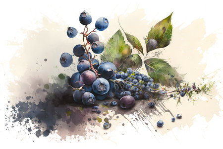 Watercolor illustration of a bunch of blueberries on a white backgroundの素材
