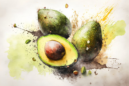 Watercolor illustration of avocados on watercolor splash background.の素材