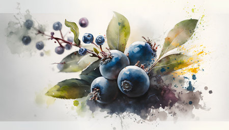 watercolor painting of blueberries on a branch with leaves on a white backgroundの素材