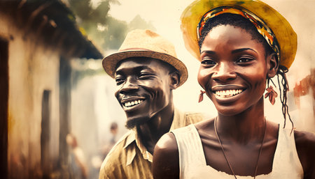 African woman and man smiling at the camera. Photo in old color image style.の素材