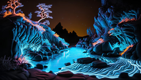 3D rendering of fantasy alien planet with water and stalactitesの素材