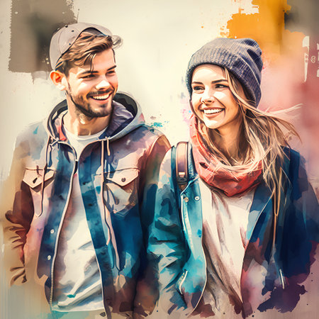 Portrait of a smiling couple in the city. Photo in watercolor style.の素材