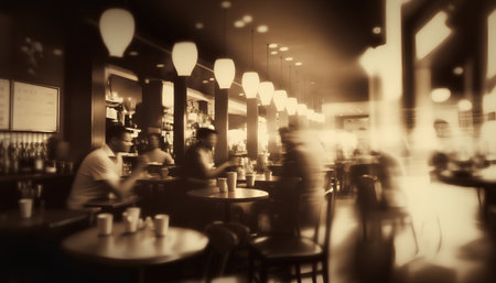 Blurred image of people in a coffee shop. Toned.の素材