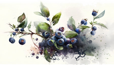Watercolor painting of blueberries with leaves and berries on white backgroundの素材