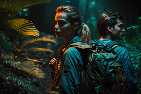 Young couple of travelers with backpacks exploring the jungle. Travel and wanderlust concept.の素材