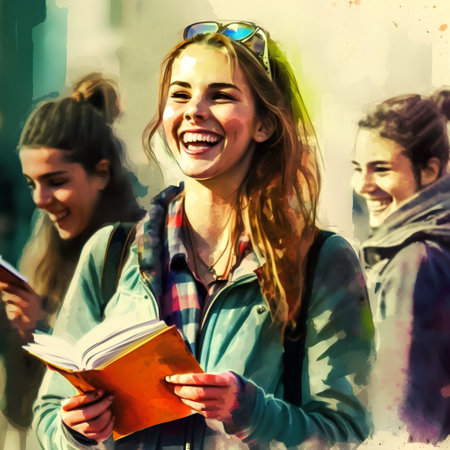 Digital composite of Young woman reading a book in the street with friendsの素材