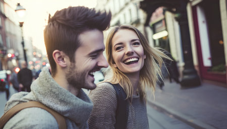 Portrait of a happy young couple in love walking in the cityの素材