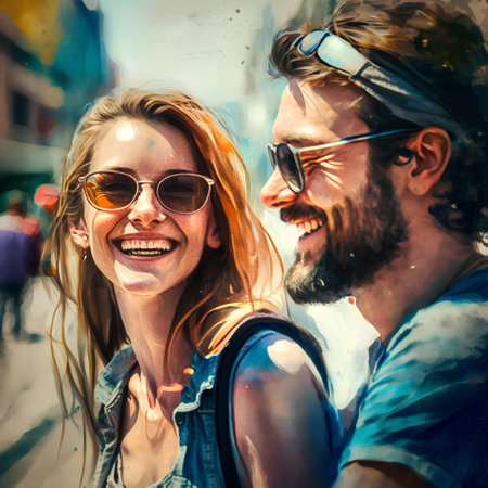 Hipster couple having fun in the city. Photo in old color image style.の素材