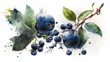 Blueberries with leaves and watercolor splashes isolated on white backgroundの素材