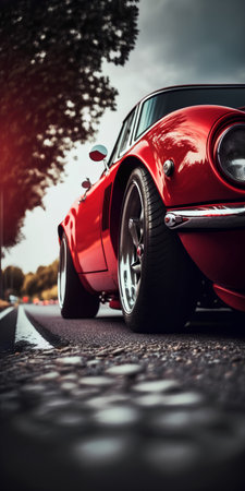 Side view of a red vintage car on the road in the eveningの素材