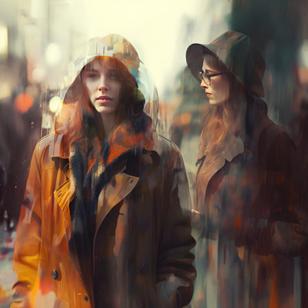 Redhead girl in a raincoat on the street. Photo in old color image styleの素材