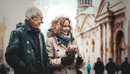 Happy senior couple walking in the city on a snowy winter day.の素材