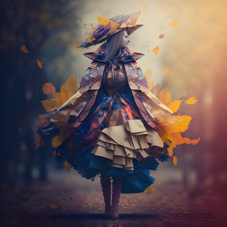 Autumn fashion. Beautiful girl in the autumn forest with maple leavesの素材