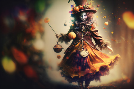 Halloween witch with pumpkins in her hand. Halloween concept.の素材
