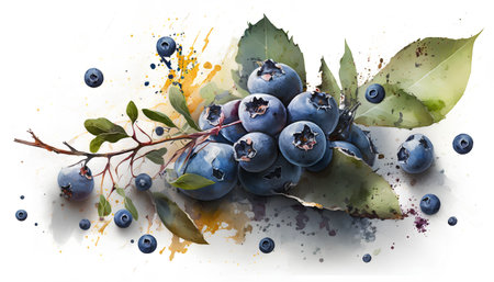 Blueberry berries with leaves and watercolor splashes on white backgroundの素材