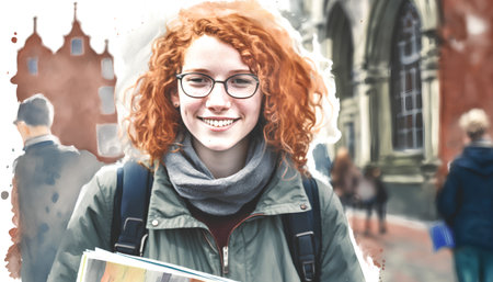 Portrait of a smiling young woman with red hair and eyeglasses holding a book in front of a cityscapeの素材