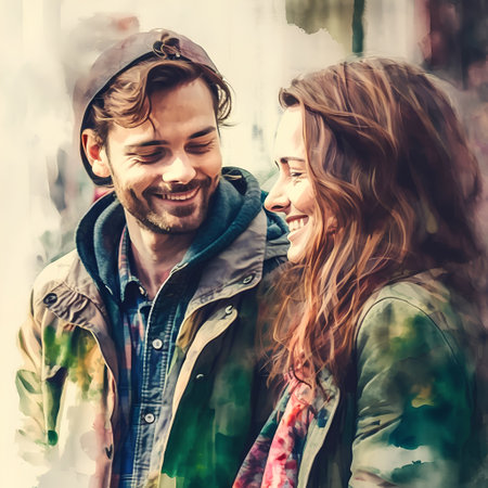 Young couple in love. Photo in old color image style with grunge texture.の素材