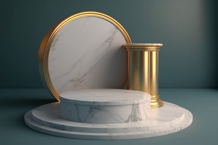 3d render of white marble podium with gold frame on dark backgroundの素材