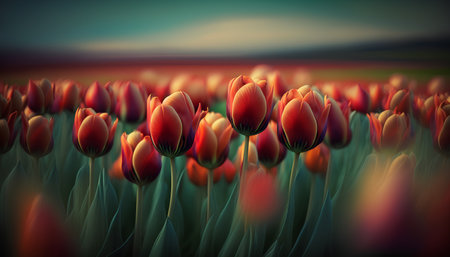 Tulips field. Floral background. 3D illustration.の素材