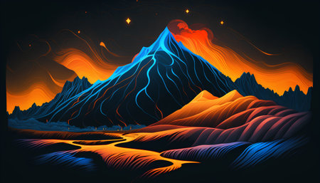Abstract mountain landscape with blue and orange gradient on dark background. Vector illustrationの素材