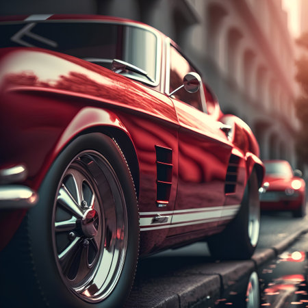 Retro car on the street. Close-up. 3d renderingの素材