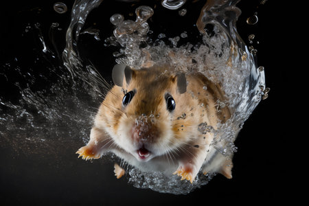 Hamster jumping out of water on a black background. Studio shot.の素材